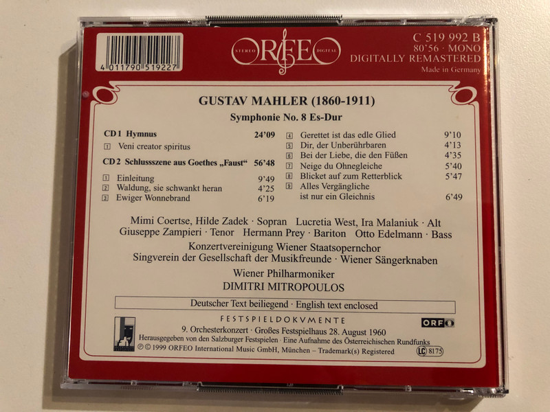 Mahler - Symphonie No. 8 - Dimitri Mitropoulos / Coertse, Zadek, West, Malaniuk, Zampieri, Prey, Edelmann / Festspieldokumente / Live Recording 1960 / Orfeo 2x Audio CD 1999 Mono / C 519 992 B