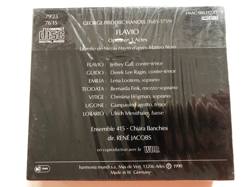 Handel - Flavio /Jeffrey Gall, Derek Lee Ragin, Lena Lootens, Bernarda Fink, Ensemble 415, Dir. René Jacobs / Harmonia Mundi 2x Audio CD 1990, Box Set / HMC 901312.13 (093046131227)