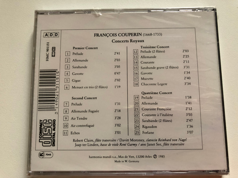 François Couperin - Concerts Royaux - Robert Claire (flute traversiere), Davitt Moroney (clavecin), Jaap Ter Linden (basse de viole), Janet See (flute traversiere) / Harmonia Mundi France Audio CD 1985 / 901151