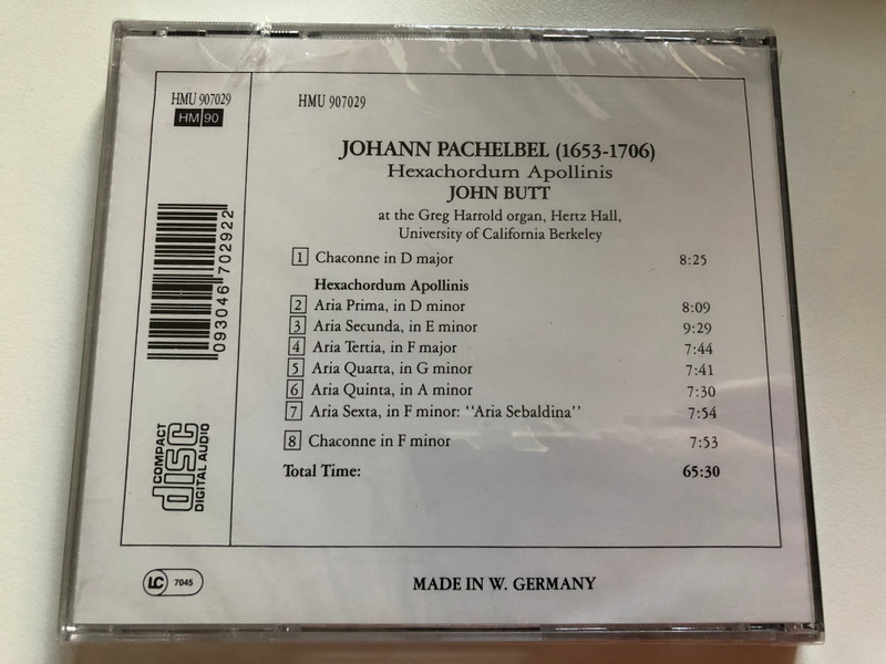 Pachelbel - Hexachordum Apollinis - John Butt (organ) / The O'Neill Collection Series – I / Harmonia Mundi France Audio CD 1990 / HMU 907029