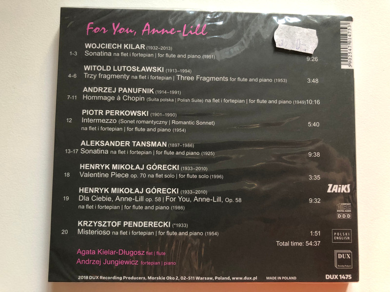 For You, Anne-Lill - Agata Kielar-Dlugosz (flute), Andrzej Jungiewicz (piano) / DUX Recording Producers Audio CD 2018 / DUX 1475