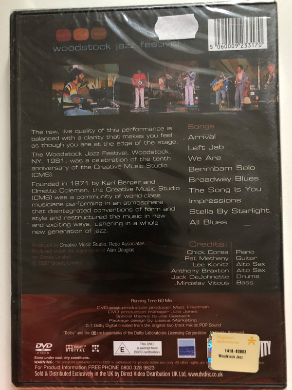 Woodstock Jazz Festival - Jack DeJohnette, Chick Corea, Pat Metheny, Anthony Braxton, Lee Konitz, Miroslav Vitous / Dolby Digital 5.1 Digital Surround Sound / Gravity Limited DVD Video CD 1997 / DVDSV3012D