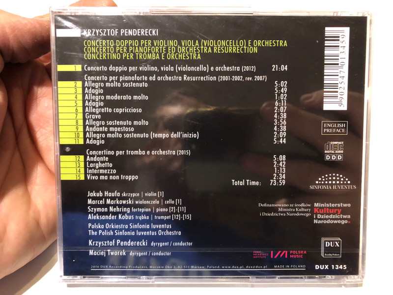 Penderecki - Double Concerto: Piano Concerto, Trumpet Concert / Jakub Haufa (violin), Marcel Markowski (cello), Szymon Nehring (piano), Aleksander Kobus (trumpet) / DUX Recording Producers Audio CD 2017 / DUX 1345
