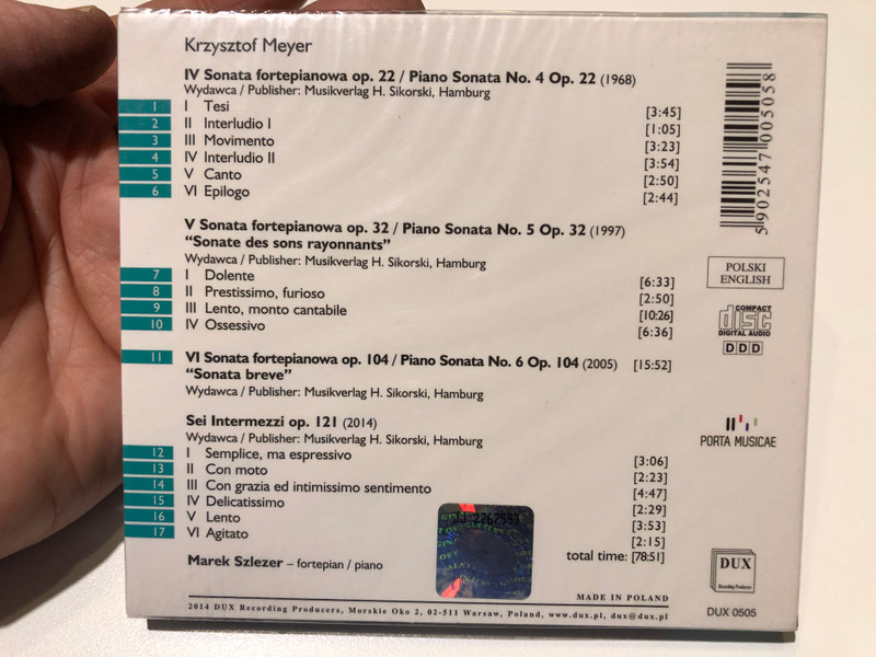 Krzysztof Meyer - Piano Works vol. 2: Piano Sonatas Nos. 4 - 6; 6 Intermezzi - Marek Szlezer (piano) / DUX Recording Producers Audio CD 2014 / DUX 0505