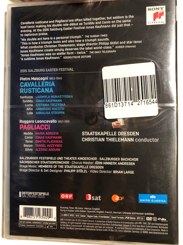 Jonas Kaufmann: Leoncavallo - Pagliacci (Maria Agresta, Dimitri Platanias, Tansel Akzeybek, Alessio Arduini); Mascagni - Cavalleria Rusticana (Liudmyla Monatyrske, Annalisa Stroppa) / Sony Classical DVD Video CD 2015 / 88875193409