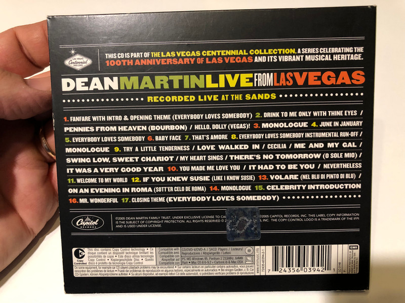Dean Martin – Live From Las Vegas / 17 Previously Unreleased Live Hits & Signature Songs / The Las Vegas Centennial Collection / Capitol Records Audio CD 2005 / 72435-60394-2-1 