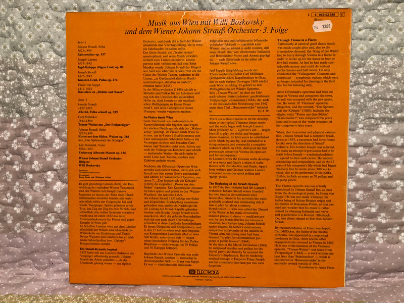  Musik Aus Wien, 3. Folge - mit Willi Boskovsky und dem Wiener Johann Strauss Orchester / Kaiserwalzer; Ouvertüre Zu ''Dichter Und Bauer''; Rosen Aus Dem Süden; u. a. / EMI Electrola LP / 1 C 063-02 388