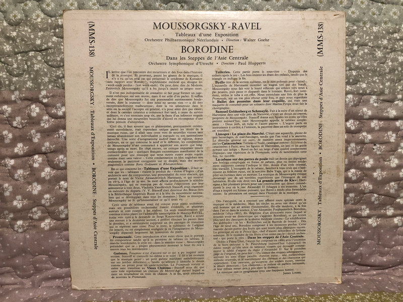 Moussorgsky - Ravel - Les Tableaux D'une Exposition (Orchestre Philharmonique Neerlandais, Direction: Walter Goehr), Borodine: Dans Les Steppes De L'Asie Centrale (Orchestre Symphonique d'Utrecht) / Musical Masterpiece Society LP / MMS-138
