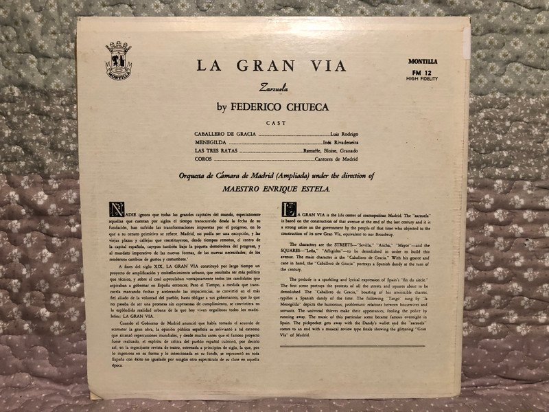 Federico Chueca - La Gran Via / Orquesta De Camara De Madrid, Conducted By Daniel Montorio and Enrique Navarro / Montilla LP / FM-12