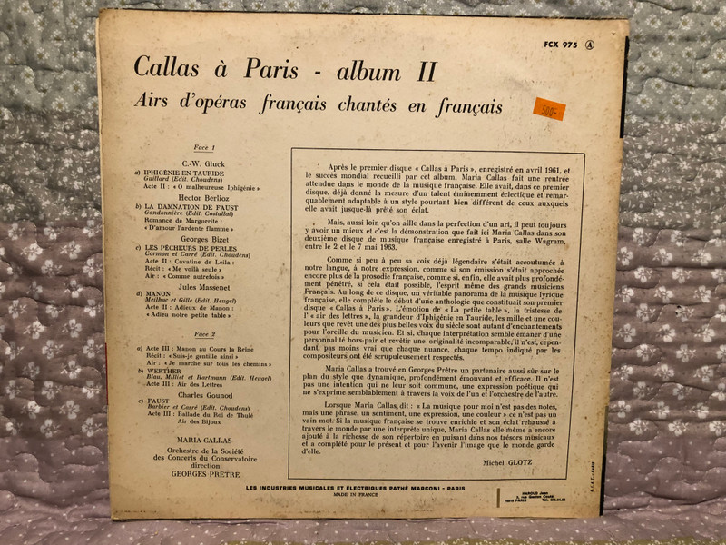 Callas À Paris (Album II) - Société Des Concerts Du Conservatoire, direction: Georges Prêtre / Columbia LP / FCX 975