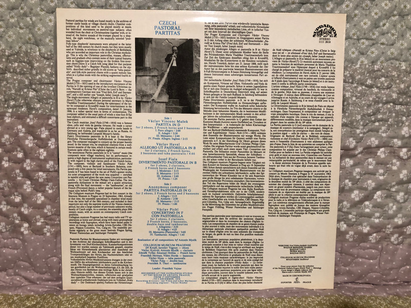 Czech Pastoral Partitas - Mašek, Havel, Fiala, Pichl - Collegium Musicum Pragense / Supraphon LP Stereo / 1111 2616