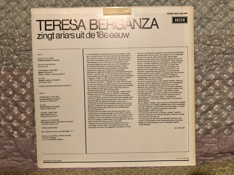 Teresa Berganza - Aria's Uit De 18e Eeuw / Orfeo Ed Euridice; Medea; Alceste; La Serva Padrona; Paride E Elena; Giulio Cesare; Nina, Pazza Per Amore / Orkest Van The Royal Opera House, Covent Garden / Decca LP Stereo / NUX 390 049