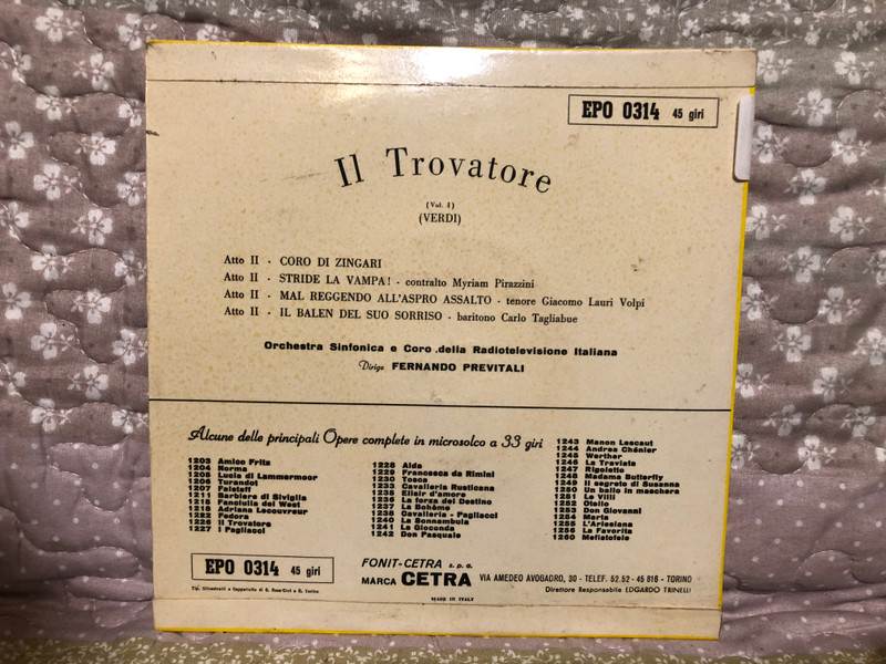 Verdi: Il Trovatore - Volume 1 / Coro Di Zingari; Stride La Vampa!; Mal Reggendo All'Aspro Assalto; Il Balen Del Suo Sorriso / Brani Scelti Dall'Opera / Cetra LP / EPO 0314