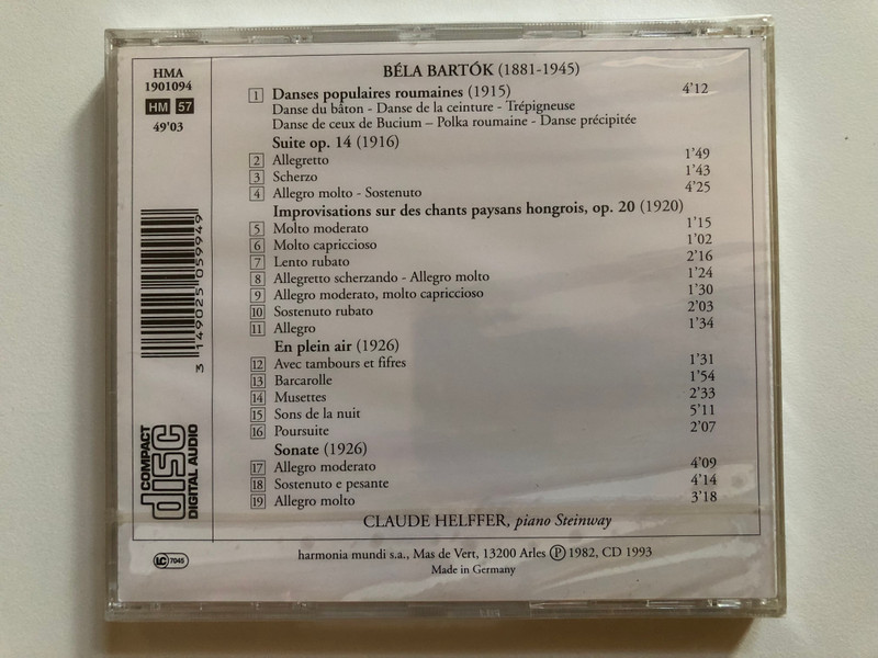 Bartók - Danses Populaires Roumaines; Sonate; Suite; Improvisations; En Plein Air - Claude Helffer (piano) / Musique D'Abord / Harmonia Mundi Audio CD 1993 / HMA 1901094