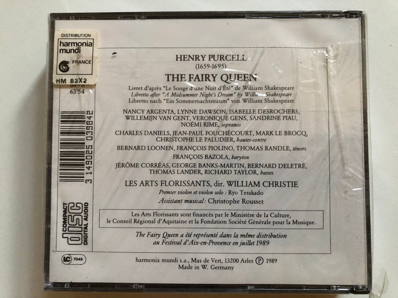 Henry Purcell - The Fairy Queen - Les Arts Florissants, William Christie / Harmonia Mundi France 2x Audio CD 1989 / HMC 901308.09