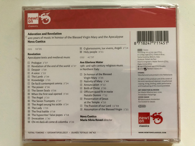 Adoration and Revelation - 400 years of music in honour of the Blessed Virgin Mary and the Apocalypse - Nova Cantica / Newton Classics 2x Audio CD 2012 / 8802145