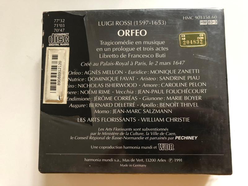 Luigi Rossi: Orfeo - Agnès Mellon, Monique Zanetti, Sandrine Piau, Dominique Favat, Jean-Paul Fouchécourt, Jean-Marc Salzmann, Jérôme Correas, Bernard Delétré / Harmonia Mundi 3x Audio CD 1991, Box Set / HMC 901358.60