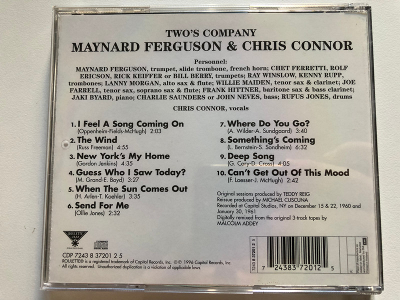 ''Two's Company'' With Maynard Ferguson And Chris Connor / Roulette Jazz Audio CD 1996 / CDP 7243 8 37201 2 5