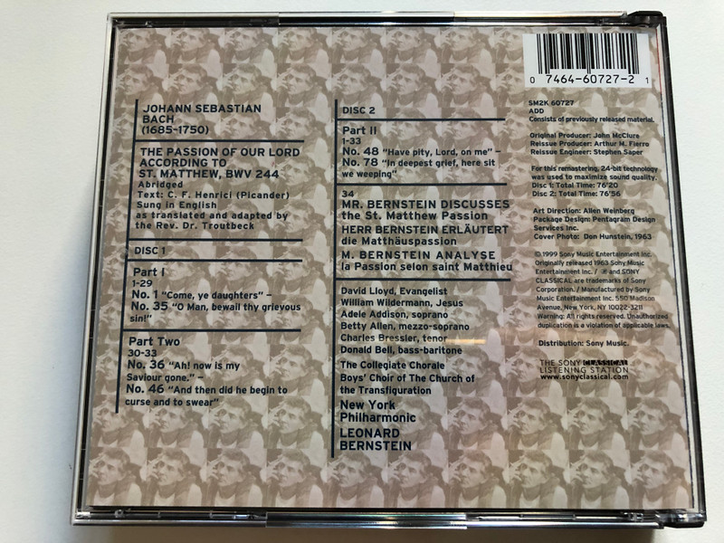 Bernstein Century - Bach: St. Matthew Passion - Adele Addison, Betty Allen, David Lloyd, Charles Bressler, William Wildermannn, Donald Bell / Sony Classical 2x Audio CD 1999 / SM2K 60727