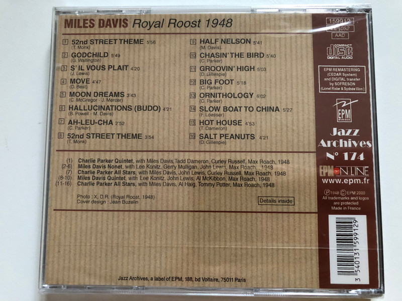 Miles Davis – Royal Roost, Cool And Bebop 1948 / Featuring: Charlie Parker, Tadd Dameron, Lee Konitz, Gerry Mulligan, John Lewis, Max Roach / EPM Audio CD 2000 / 159912