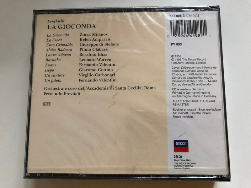 Ponchielli: La Gioconda - Milanov, Di Stefano, Warren / Orchestra e coro dell' Accademia di Santa Cecilia, Roma, Fernando Previtali / Grand Opera / Decca 3x Audio CD / 444 598-2