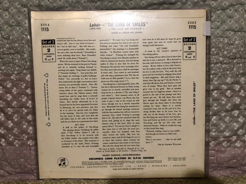Elisabeth Schwarzkopf, Erich Kunz, Nicolai Gedda - in Lehar's Land Of Smiles (Das Land Des Lächelns) with the Philharmonia Orchestra And Chorus Conducted By Otto Ackermann / Columbia 2x LP / 33CX 1115