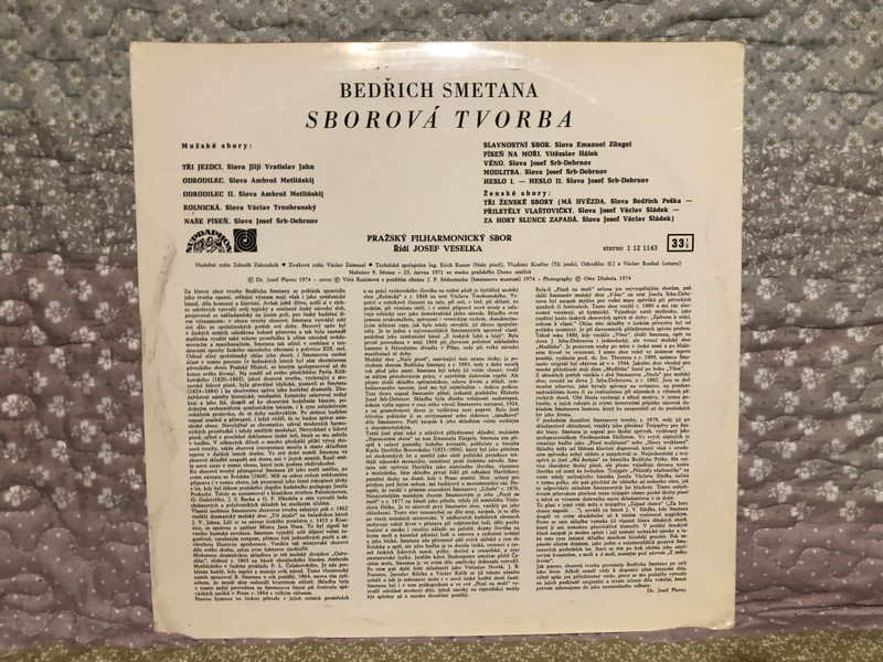 Bedřich Smetana: Sborová Tvorba - Pražský Filharmonický Sbor, Josef Veselka / Supraphon LP Stereo 1974 / 1 12 1143 