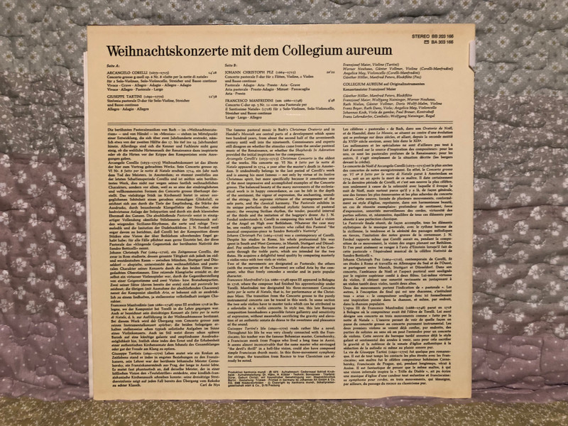 Weihnachtskonzerte Mit Dem Collegium Aureum - Corelli, Tartini, Pez, Manfredini / BASF LP Stereo 1975 / BB 203 166