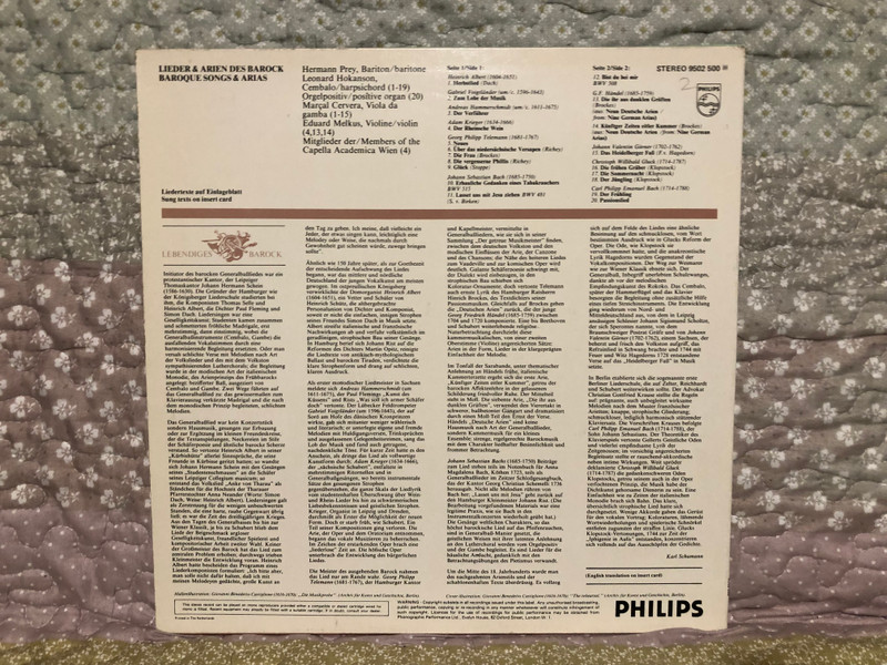 Lieder & Arien Des Barock - Hermann Prey / Eduard Melkus, Marçal Cervera, Leonard Hokanson / Lebendiges Barock / Philips LP Stereo / 9502 500