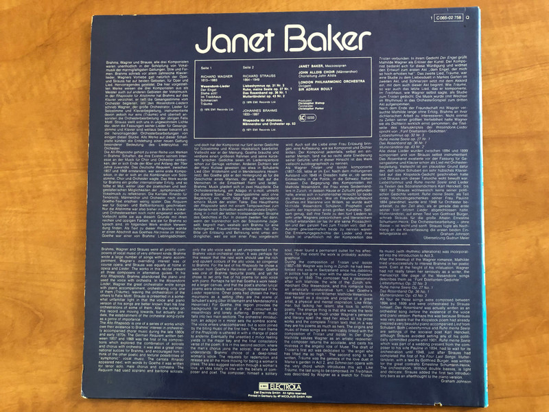 Janet Baker - Brahms: Alt-Rhapsodie/Wagner: Wesendonk-Lieder/Strauss: Liebeshymnus - Ruhe, Meine Seele - Das Rosenband - Muttertändelei / London Philharmonic Orchestra, Sir Adrian Boult / His Master's Voice LP 1971 / 1C 065-02 758 Q