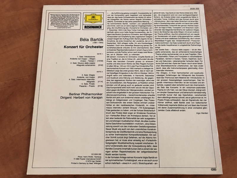 Bartók: Konzert fur Orchester - Berliner Philharmoniker, Herbert von Karajan / Grand Prix Des Discophiles / Deutsche Grammophon LP Stereo 1976 / 2535 202