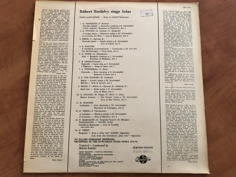 Róbert Ilosfalvy (tenor) - Arias From The Operas By Donizetti, Erkel, Flotow, Leoncavallo, Mascagni, Ponchielli, Puccini, Verdi And Wagner / Qualiton LP Stereo, Mono / LPX 11312