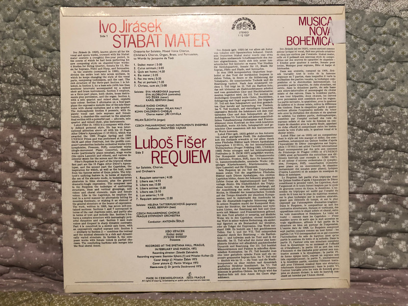 Ivo Jirásek: Stabat Mater, Luboš Fišer: Requiem / Musica Nova Bohemica / Supraphon LP Stereo 1973 / 1 12 1537