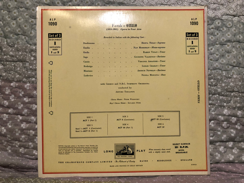 Verdi: Otello (Recorded in Italian) - Cast Includes: Ramon Vinay, Herva Nelli, Giuseppe Valdengo, Conductor: Arturo Toscanini / His Master's Voice 3x LP / ALP 1090