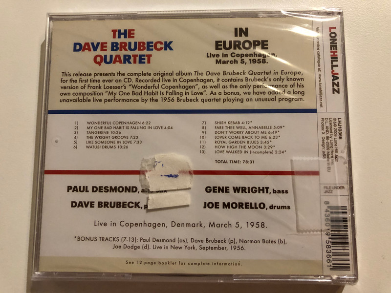 The Dave Brubeck Quartet - In Europe (Live In Copenhagen, March 5, 1958.) / Lone Hill Jazz Audio CD 2009 / LHJ10366