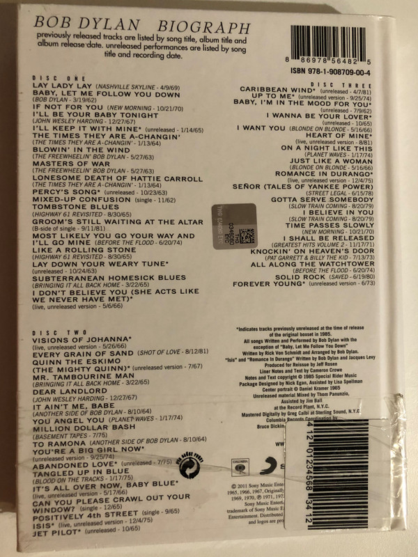 Bob Dylan – Biograph / 53 Legendary Tracks, Spanning 1962-1981 / Includes 21 Rare Recordings. 44 Page Colour Book Including Rare Photos, Exclusive Interviews and Track-by-Track Notes / Columbia 3x Audio CD, Box Set 2011 / 88697 85648 2