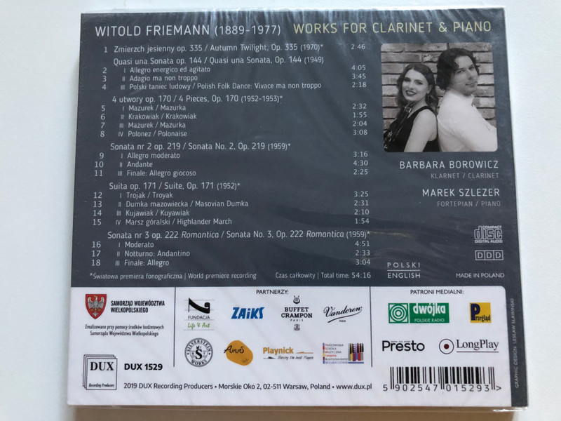 Witold Friemann: Works For Clarinet & Piano - Barbara Borowicz (clarinet), Marek Szlezer (piano) / DUX Recording Producers Audio CD 2019 / DUX 1529