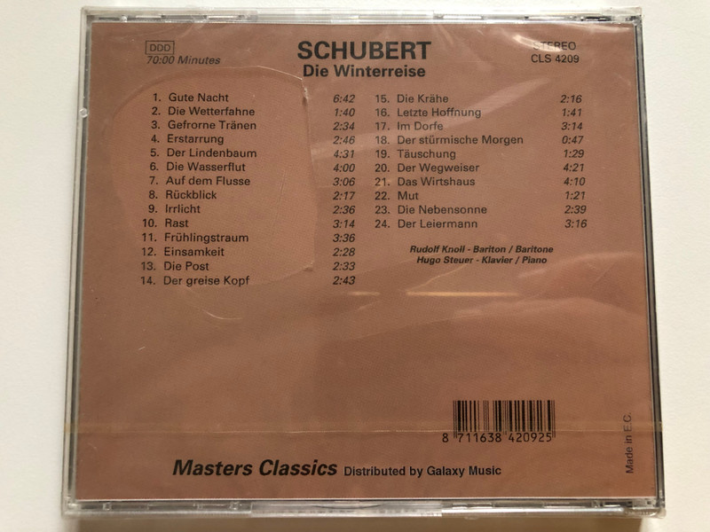 Schubert – Die Winterreise / Rudolf Knoll (baritone), Hugo Steuer (piano) / Masters Classic Audio CD Stereo / CLS 4209