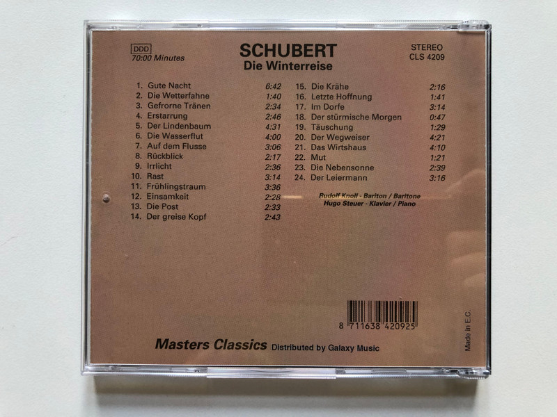 Schubert – Die Winterreise  Rudolf Knoll (baritone), Hugo Steuer (piano)  Masters Classic Audio CD Stereo  CLS 4209 (8711638420925)