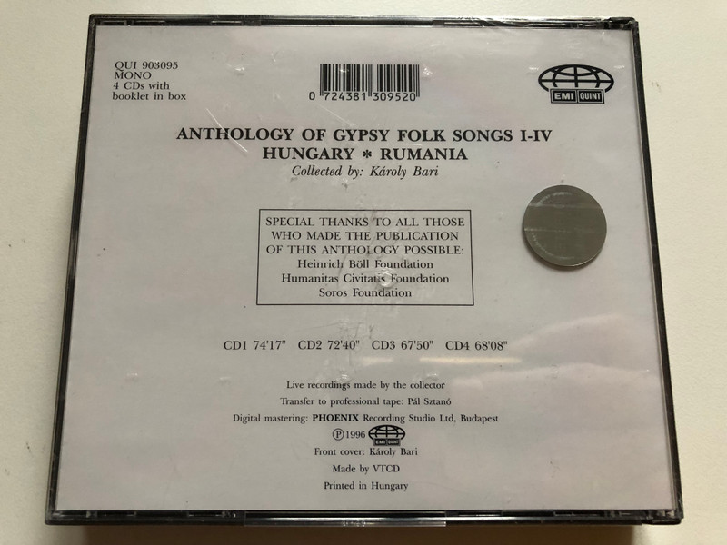 Anthology Of Gypsy Folk Songs I - IV: Hungary, Rumania - Collected by: Karoly Bari / EMI Quint 4x Audio CD 1996 Mono / QUI 903095