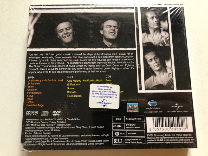 Paco And John Live At Montreux 1987 / Paco De Lucia & John McLaughlin perform Guardian Angel; One Melody; Chiquito; El Panuelo; David; Sichia; and more / Eagle Vision 2x Audio CD + DVD Video CD 2016 / EAGDV059