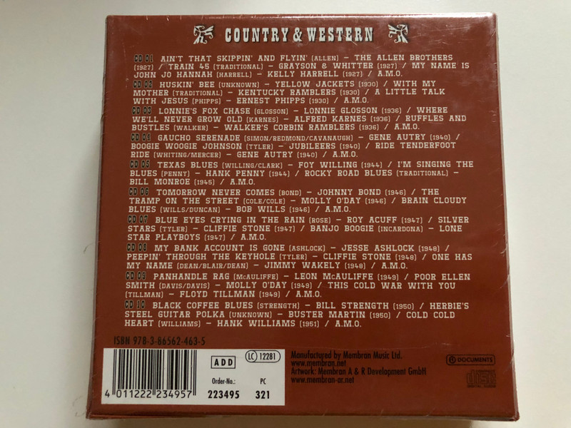 Country & Western - 10 CD-Set / Gene Autry, Ernest Phipps, Hank Williams, Jimmie Rodgers, Hank Penny, W. M. Stepp, Lefty Frizzell, The Delmore Brothers, Tennessee Ernie Ford, A. M. O. / Documents 10x Audio CD, Box Set 2005 / 223495