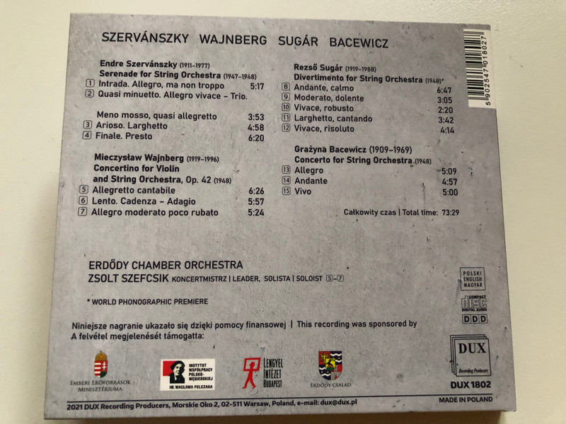 Szervansky, Wajnberg, Sugar, Bacewicz - 1948 - Erdody Chamber Orchestra, Zsolt Szefcsik (leader) / DUX Recording Audio CD 2021 / DUX 1802