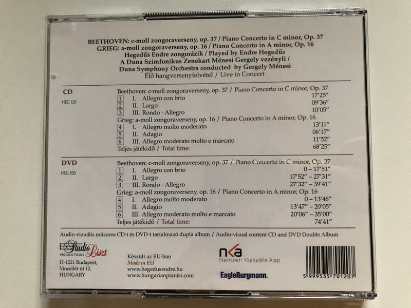Beethoven: Piano Concerto In C Minor, Op. 37, Grieg: Piano Concerto In A Minor, Op. 16 - Played By Endre Hegedus / Studio Liszt Productions Audio CD + DVD CD / HEG 120 & 305