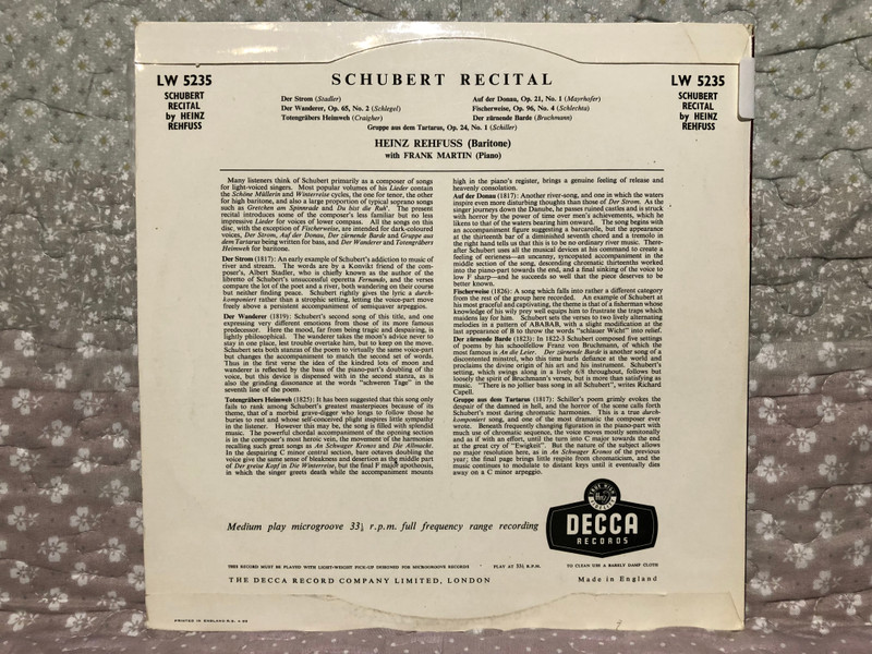 Schubert: Recital - Heinz Rehfuss (baritone), Frank Martin (piano) / Der Strom; Der Wanderer, Op.65, No. 2; Totengräbers Heimweh; Auf Der Donau, Op.21, No. 1; Fischerweise, Op.96, No. 4; Der Zürnende Barde / Decca LP / LW 5235