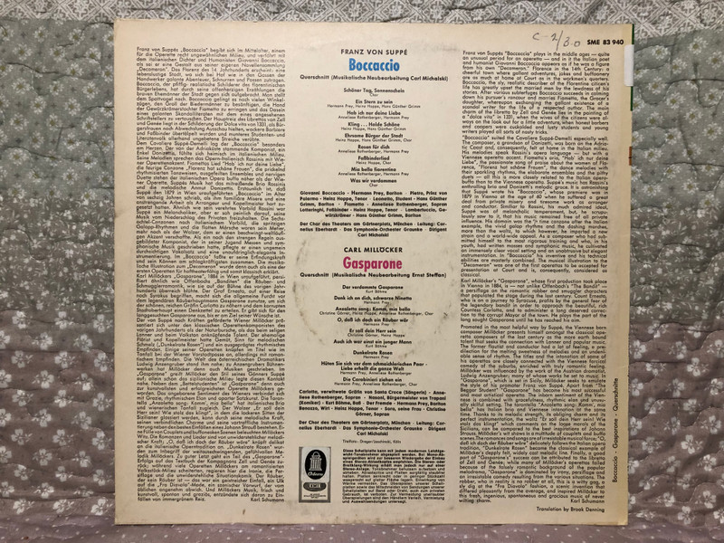 Franz Von Suppé: Boccaccio; Carl Millöcker: Gasparone - Querschnitte / Christine Görner; Anneliese Rothenberger; Kurt Böhme; Hans Günther Grimm; Heinz Hoppe; Hermann Prey / Electrola LP Stereo / SME 83 940
