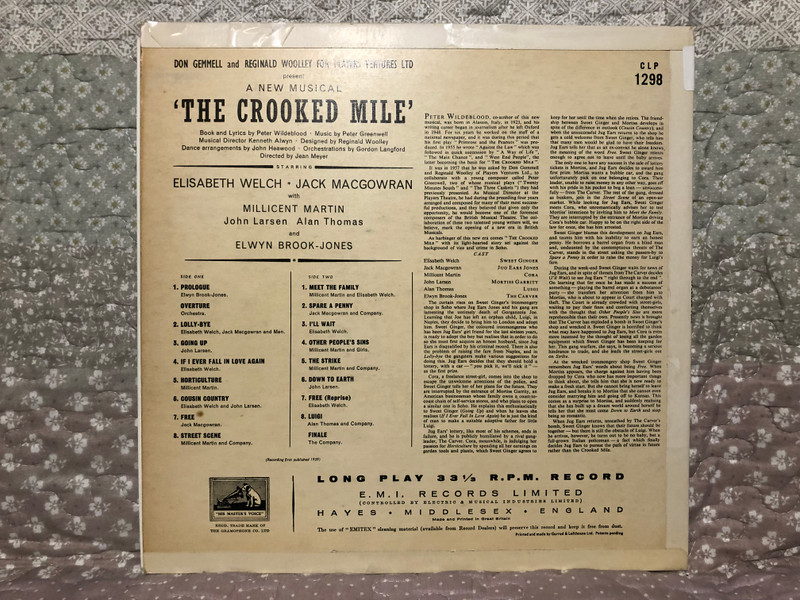The Crooked Mile - Don Gemmell & Reginald Woolley For Players Ventures LTD present A New Musical / Book and Lyrics by Peter Wildblood, Music By Peter Greenwell, Directed By Jean Meyer / His Master's Voice LP Mono / CLP 1298