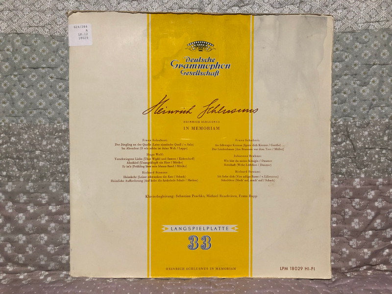Heinrich Schlusnus: In Memoriam / Franz Schubert - Der Jüngling An Der Quelle (Leise Rieselnder Quell), Im Abendrot; Hugo Wolf - Verschwiegene Liebe, Abschied, Er Ist's / Deutsche Grammophon LP 1956 / LPM 18 029