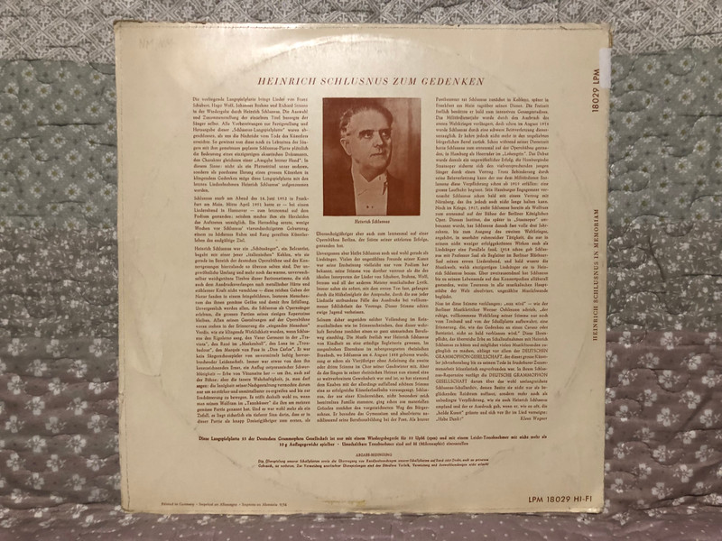 Heinrich Schlusnus: In Memoriam / Franz Schubert - Der Jüngling An Der Quelle (Leise Rieselnder Quell), Im Abendrot; Hugo Wolf - Verschwiegene Liebe, Abschied, Er Ist's / Deutsche Grammophon LP 1956 / LPM 18 029