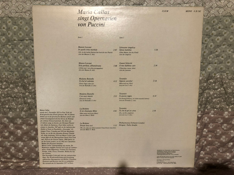 Maria Callas Singt Opernarien Von Giacomo Puccini / Eterna LP Mono 1980 / 8 20 562